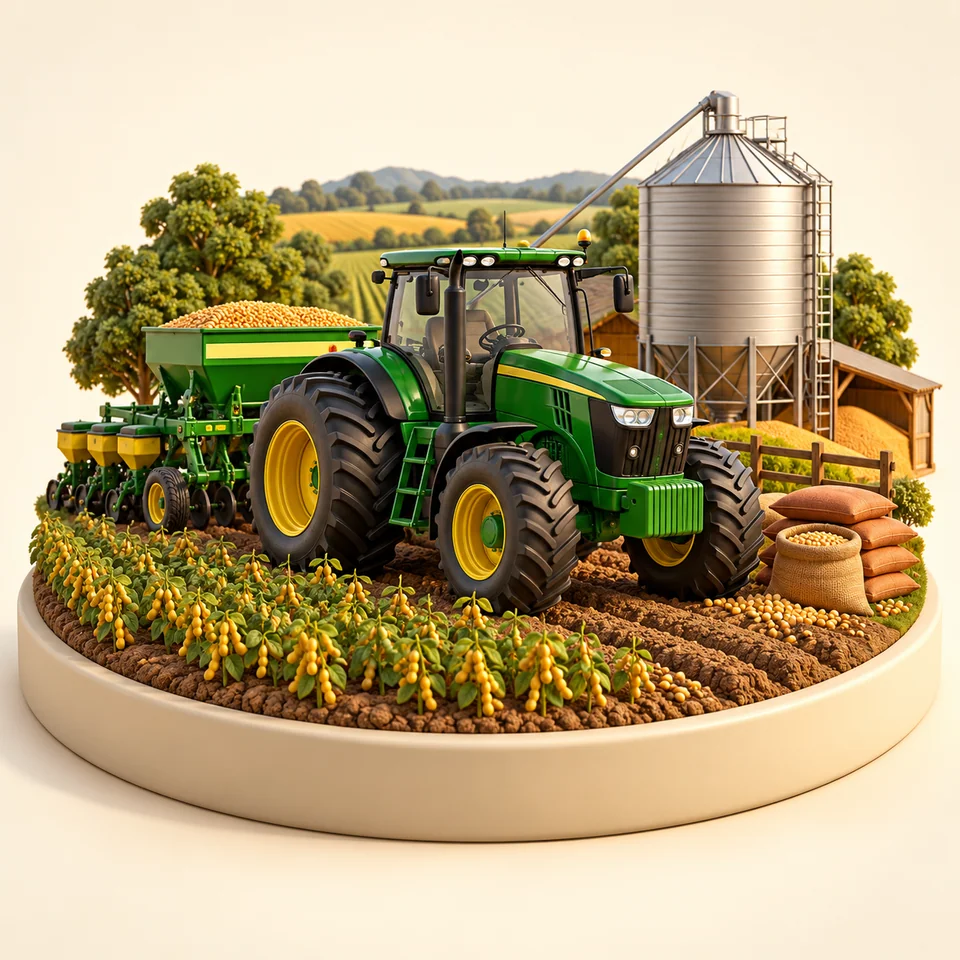 Ilustração 3D de equipamentos e ambiente de trabalho de agro e operadores de máquinas