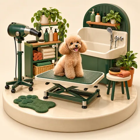Ilustração 3D de equipamentos e ambiente de trabalho de banho e tosa