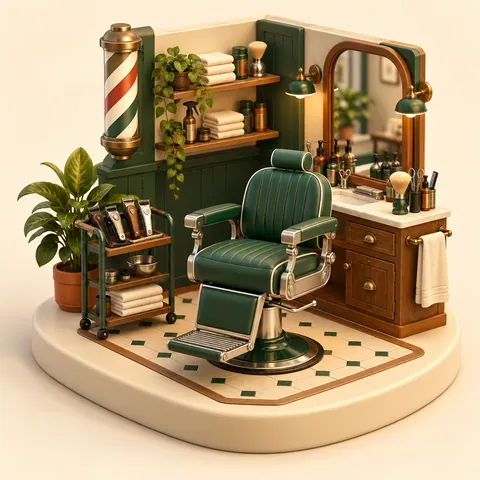 Ilustração 3D de equipamentos e ambiente de trabalho de barbeiros