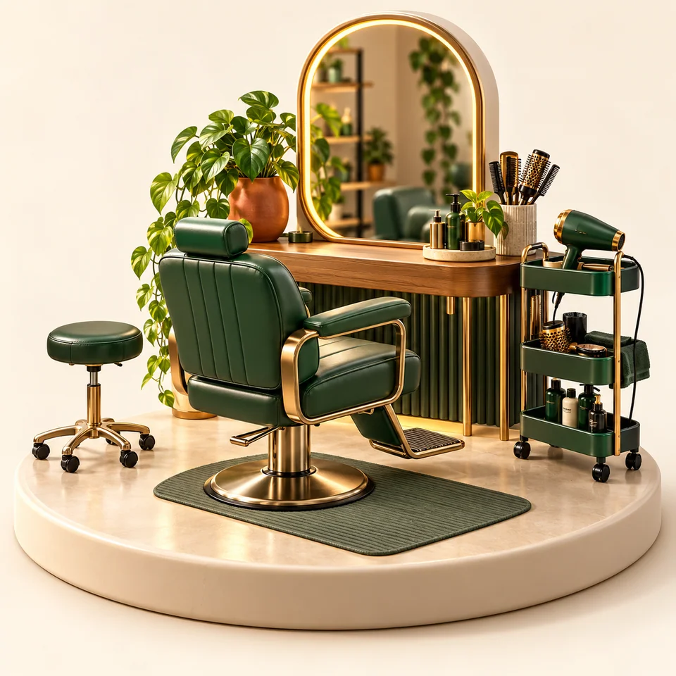 Ilustração 3D de equipamentos e ambiente de trabalho de cabeleireiros
