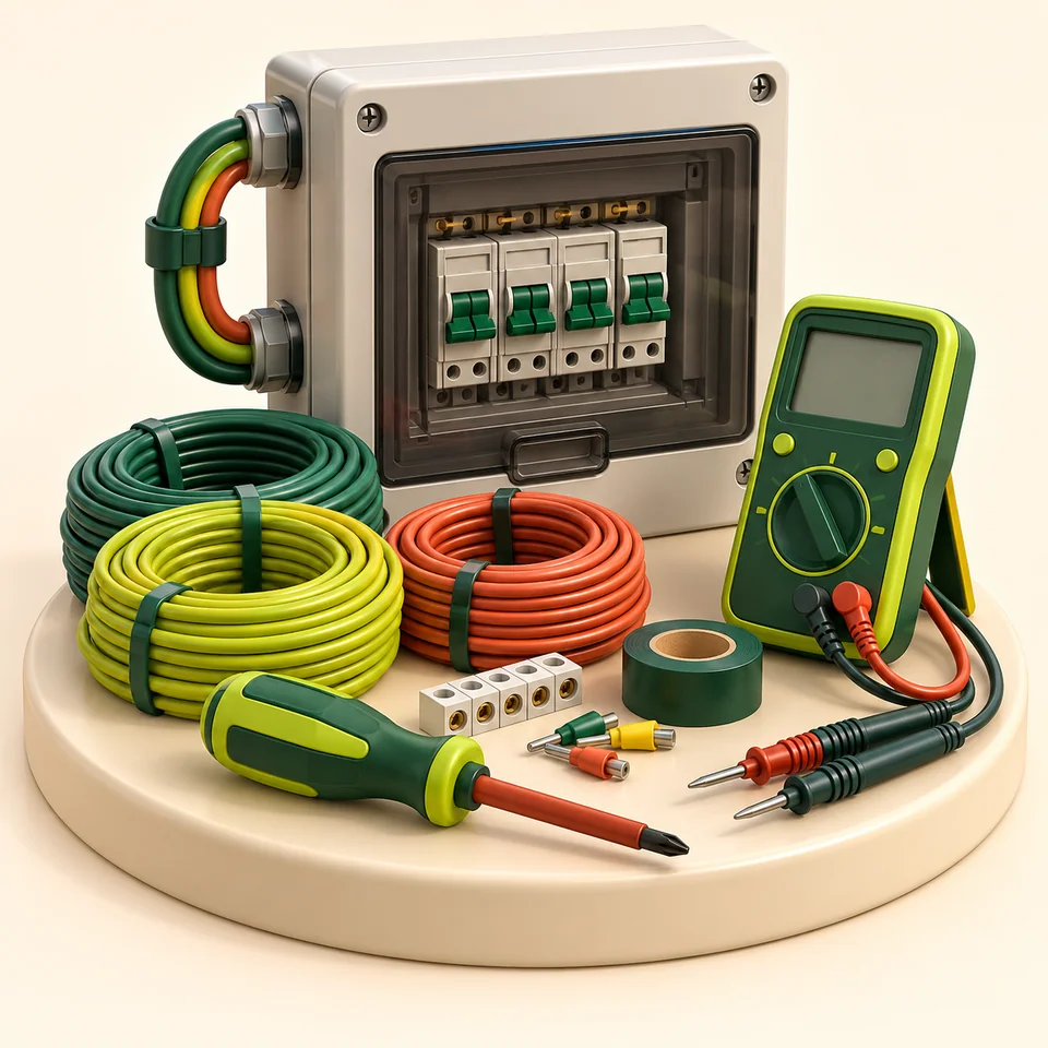 Ilustração 3D de equipamentos e ambiente de trabalho de eletricistas