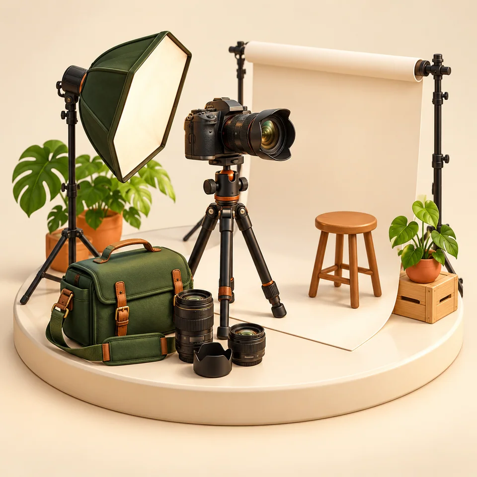 Ilustração 3D de equipamentos e ambiente de trabalho de fotógrafos