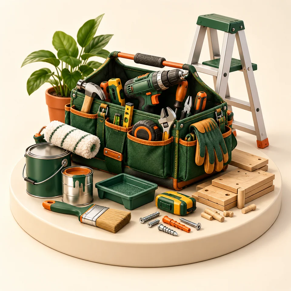 Ilustração 3D de equipamentos e ambiente de trabalho de prestadores de serviços gerais