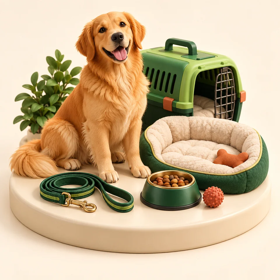Ilustração 3D de equipamentos e ambiente de trabalho de pet sitters e passeadores