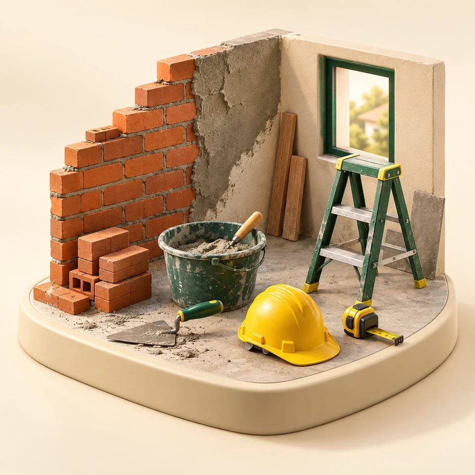 Ilustração 3D de equipamentos e ambiente de trabalho de pedreiros e reformas