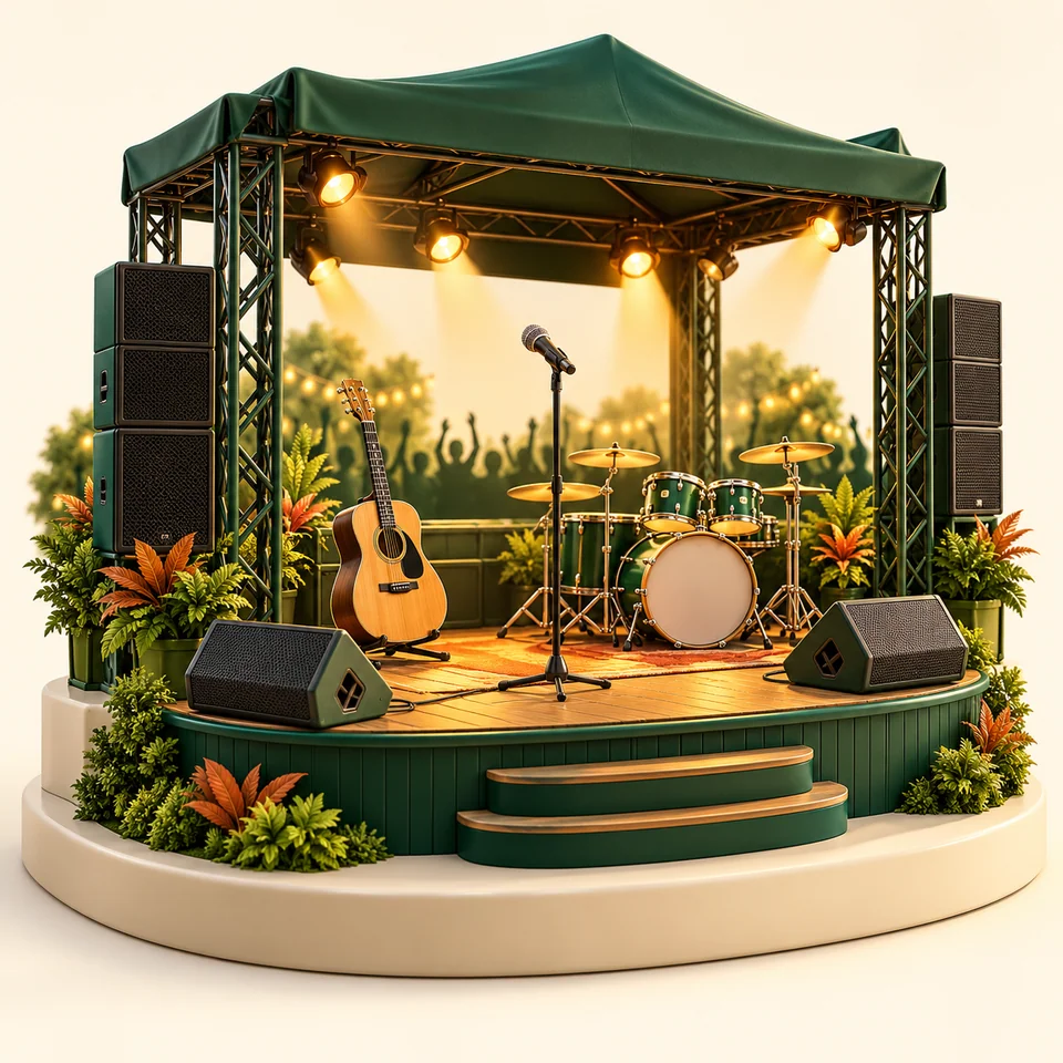 Ilustração 3D de equipamentos e ambiente de trabalho de cantores e músicos