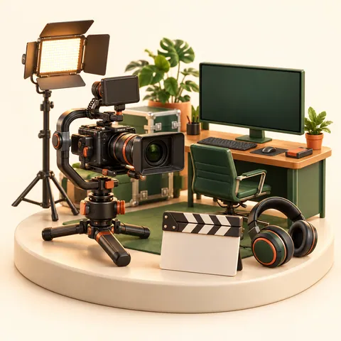 Ilustração 3D de equipamentos e ambiente de trabalho de videomakers
